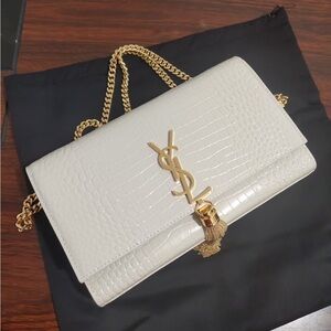 Yves Saint Laurent Ivory Croc-Embossed Monogram Chain Shoulder Bag